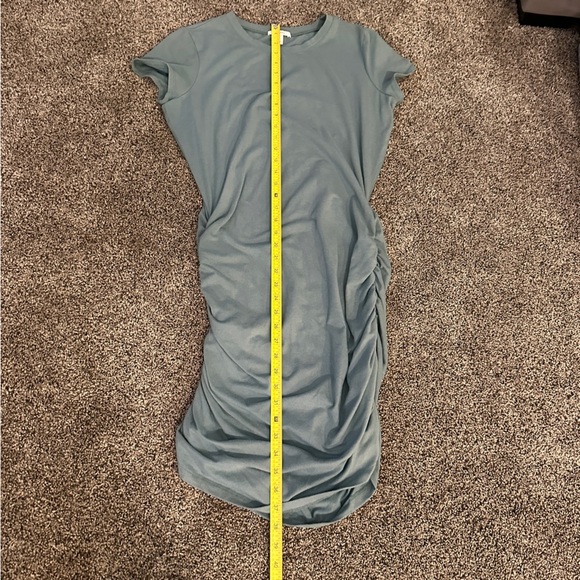 Nine West Blue Teal Ruched Midi Dress Large Short Sleeve Stretchy Casual Chic - Picture 7 of 8